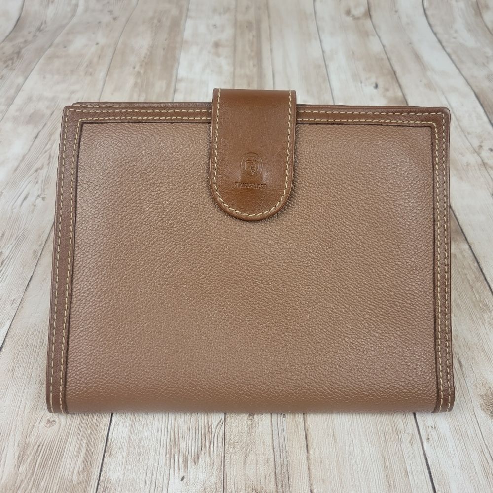 Vintage Trussardi Brown Leather Bifold Wallet with Checkbook Sleeve Portmanteau